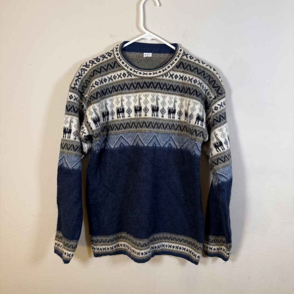 Andino Artesanias Llama Fair Isle Sweater Navy‎ Blue Grey Ecuador Mens Medium